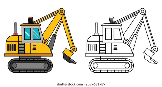 Feller Buncher Coloring Page For Kids. Construction Vehicle Outline Vector