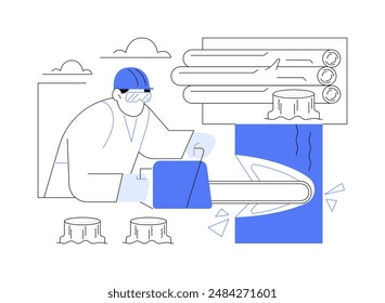 Felling trees abstract concept vector illustration. Logger cutting trees for sale, harvest timber, harvesting planning, forest plantation, wood transport, raw materials industry abstract metaphor.