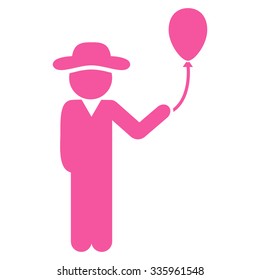 Fellow With Balloon vector icon. Style is flat symbol, pink color, rounded angles, white background.