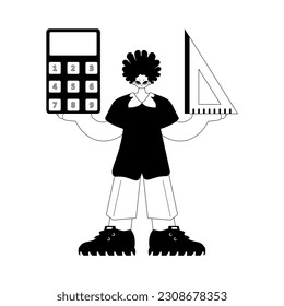 Fellow with calculator and ruler. Learning topic. Dark and white line craftsmanship. Trendy style, Vector Illustration