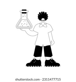 Fellow with a chemical carafe. Learning topic. Dark and white line craftsmanship. Trendy style, Vector Illustration