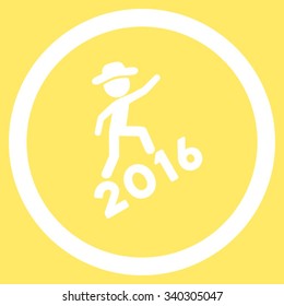 Fellow Climbing 2016 vector icon. Style is flat circled symbol, white color, rounded angles, yellow background.
