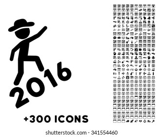 Fellow Climbing 2016 vector pictogram with additional 300 date and time management icons. Style is flat symbols, black color, rounded angles, white background.
