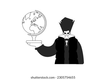 The fellow with the globe. Learning topic. Dark and white line craftsmanship. Trendy style, Vector Illustration