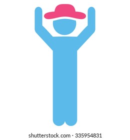 Fellow Hands Up vector icon. Style is bicolor flat symbol, pink and blue colors, rounded angles, white background.