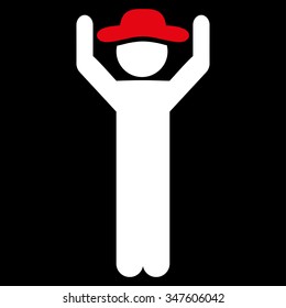 Fellow Hands Up vector icon. Style is bicolor flat symbol, red and white colors, rounded angles, black background.