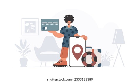 The fellow is holding a bank card and a phone with a area. The concept of rest and travel. Trendy style, Vector Illustration