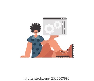 The fellow is holding a browser window with gears. SEO and web investigating topic. Confined. Trendy style, Vector Illustration