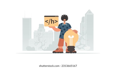 The fellow is holding a browser window with a programming image, and is additionally standing close a huge light bulb. Trendy style, Vector Illustration