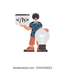 The fellow is holding a browser window with a programming image, and is additionally standing close a huge light bulb. Confined on white foundation. Trendy style, Vector Illustration