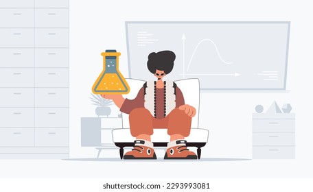 Fellow holding chemical carafe, learning topic. Trendy style, Vector Illustration