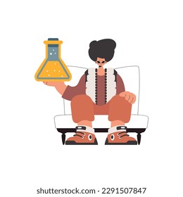 The fellow is holding a chemical jar, confined on a white foundation. Trendy style, Vector Illustration