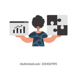 The fellow is holding a confuse and a positive development chart. Thought group work. Disconnected. Trendy style, Vector Illustration