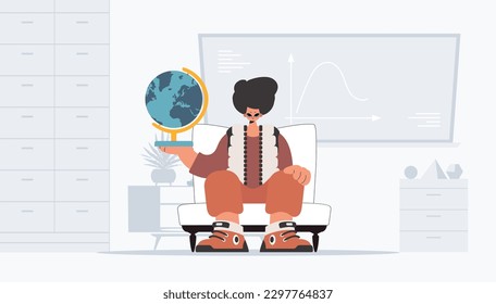 The fellow is holding a huge globe, the subject of learning. Trendy style, Vector Illustration