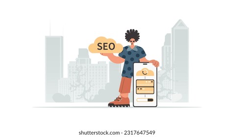 The fellow is holding a information cloud and a server. Synchronization and security of information capacity concept. Trendy style, Vector Illustration