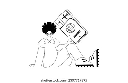 The fellow is holding a international id with discuss tickets. Tourism topic. Dark and white line craftsmanship. Trendy style, Vector Illustration