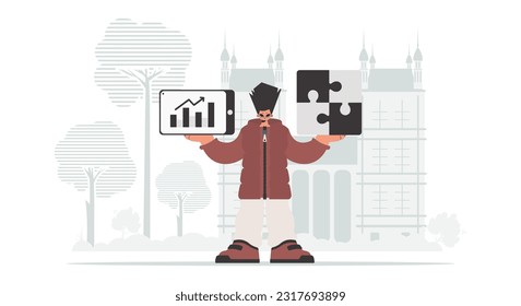 The fellow is holding a perplex and a positive development chart. Thought group work. Trendy style, Vector Illustration