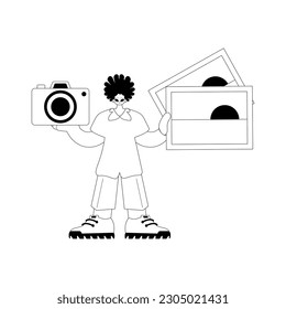 The fellow is holding photographs and a camera. Tourism topic. Dark and white line craftsmanship. Trendy style, Vector Illustration