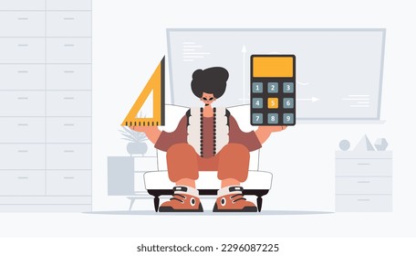 The fellow is holding a ruler and a calculator, learning subject. Trendy style, Vector Illustration