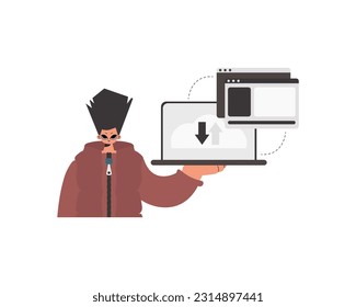 The fellow is holding a tablet in which information is being synchronized. Confined. Trendy style, Vector Illustration