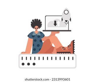 The fellow is holding a tablet, which is synchronized with the information capacity. Separated. Trendy style, Vector Illustration