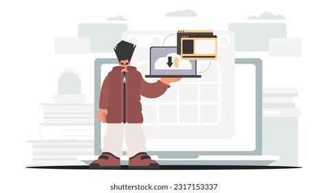 The fellow is holding a tablet, which is synchronized with the information capacity. Trendy style, Vector Illustration