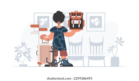 The fellow is holding a travel rucksack and a bag. The concept of rest and travel. Trendy style, Vector Illustration