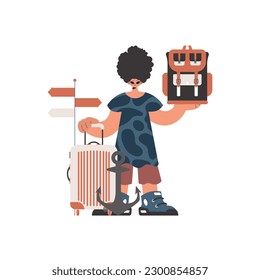 The fellow is holding a travel rucksack and a bag. Separated on white foundation. Trendy style, Vector Illustration