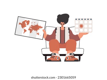 The fellow holds a calendar and a outline of the world in his hands. Disconnected on white foundation. Trendy style, Vector Illustration