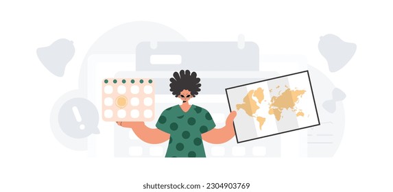 The fellow holds a calendar and a outline of the world in his hands. The concept of rest and travel. Trendy style, Vector Illustration