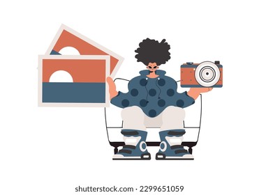 The fellow holds a camera and photographs in his hands. Separated on white foundation. Trendy style, Vector Illustration