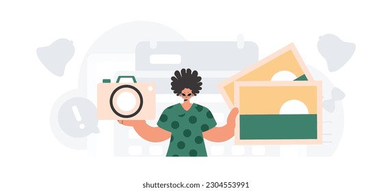 The fellow holds a camera and photographs in his hands. The concept of rest and travel. Trendy style, Vector Illustration