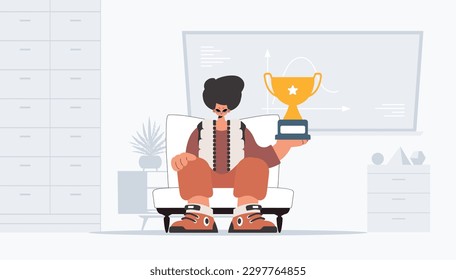 The fellow holds the container of the victor. Trendy style, Vector Illustration