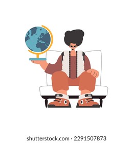 The fellow holds a globe in his hands, confined on a white foundation. Trendy style, Vector Illustration