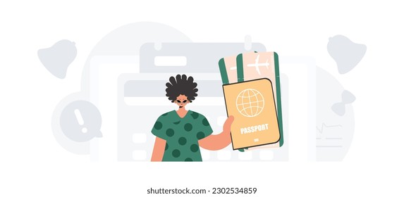 The fellow holds a international id and discuss tickets in his hands. The concept of rest and travel. Trendy style, Vector Illustration