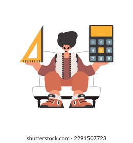 The fellow holds a ruler and a calculator in his hands, separated on a white foundation. Trendy style, Vector Illustration