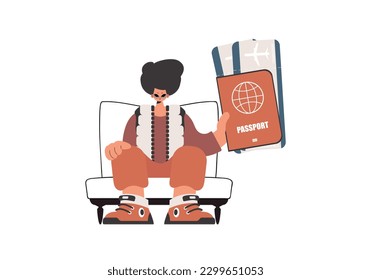 The fellow holds a visa and discuss tickets in his hands. Separated on white foundation. Trendy style, Vector Illustration