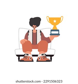 The fellow holds the winner's glass in his hands, disconnected on a white foundation. Trendy style, Vector Illustration