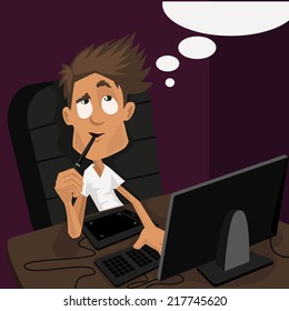 fellow illustrator, graphic designer, artist sitting at a table. On the table, computer and graphics tablet. Cartoon vector. creative profession