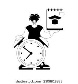 Fellow with scratch pad and alert clock. Learning topic. Dark and white line craftsmanship. Trendy style, Vector Illustration