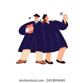 Fellow students in gowns, caps, bachelor diploma celebrate academic achievement, success. Happy friends graduate from high school, university. Flat isolated vector illustration on white background