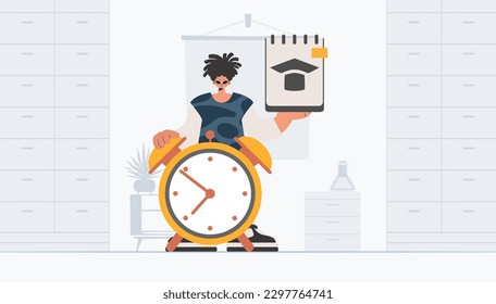 Fellow with unique and caution clock, learning subject. Trendy style, Vector Illustration