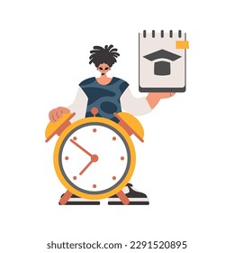 Fellow with unique and caution clock, separated on white foundation. Trendy style, Vector Illustration