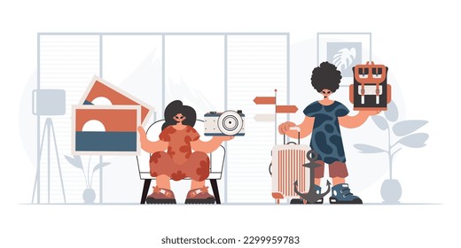 The fellow and the young lady are going on a trip. The concept of rest and travel. Trendy style, Vector Illustration