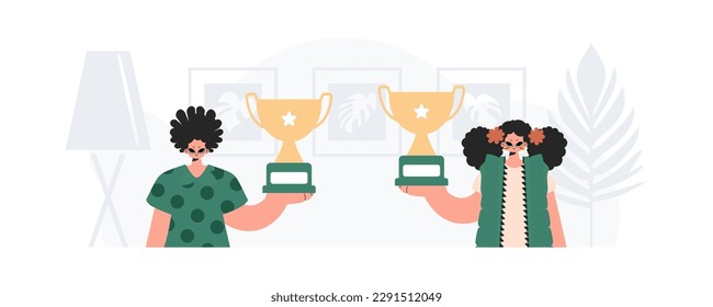 The fellow and the young lady are holding the winner's glass. Trendy style, Vector Illustration