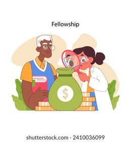 Fellowship concept. Old man and young woman examine given financial aid, highlighting academic research funding. Support for teachers and scientists projects. Flat vector illustration
