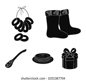 Felt, boots, drying, gingerbread .Russia country set collection icons in black style vector symbol stock illustration web.