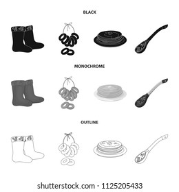 Felt, boots, drying, gingerbread .Russia country set collection icons in black, monochrome, outline style vector symbol stock illustration web.