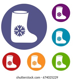 Felt boots icons set in flat circle reb, blue and green color for web