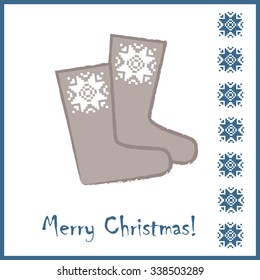 Felt boots with lace embroidery. Postcard Merry Christmas